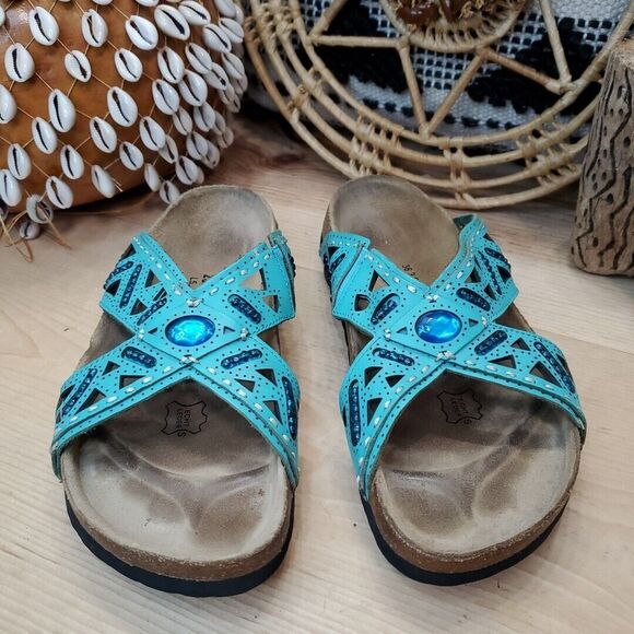 Betula by Birkestock Womens 5/EU 36 Joyce Leather Beaded Turqouise EVA Sole Boho - Picture 3 of 14